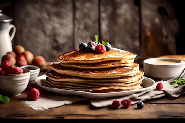 A stack of fluffy pancakes from America is put on a plain table in a kitchen with a country feel AI Generated