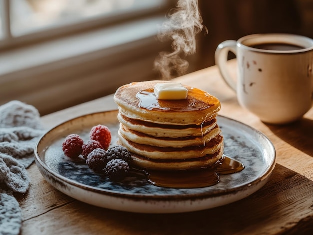 Photo a stack of fluffy pancakes topped with butter and syrup served with berries and coffee