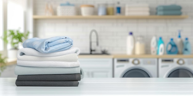 Stack of fold clothes on white table with blur laundry room background