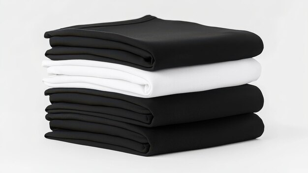 Photo stack of folded black and white t shirts