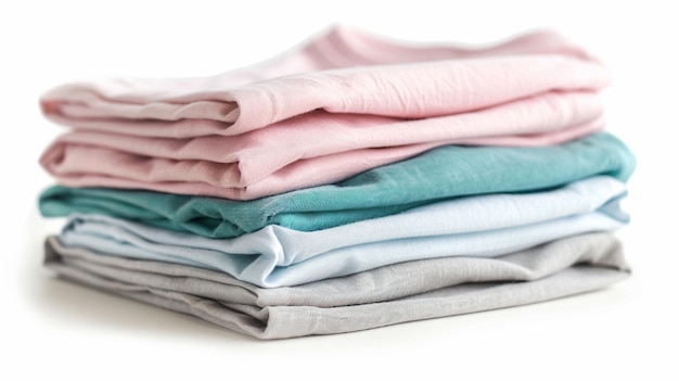 a stack of folded clothes with a pink and blue one