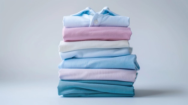 a stack of folded folded blue and pink shirts