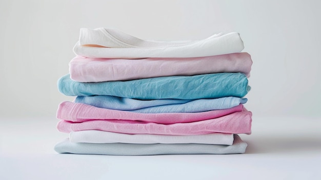 a stack of folded folded clothes with a pink and blue color