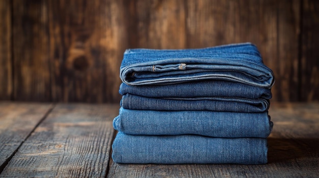 Photo stack of folded jeans on a wooden surface