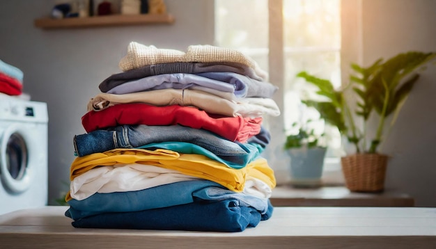 a stack of folded shirts with a plant in the background