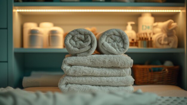 Photo a stack of folded towels on a bed in front of shelves ai