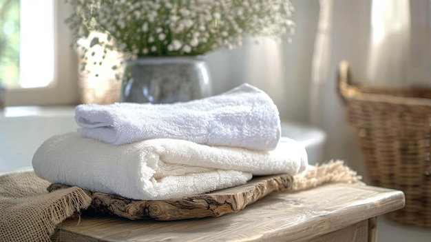 Photo a stack of folded towels on a tray with flowers in the background