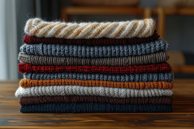 Stack of folded warm knitted sweaters on wooden table