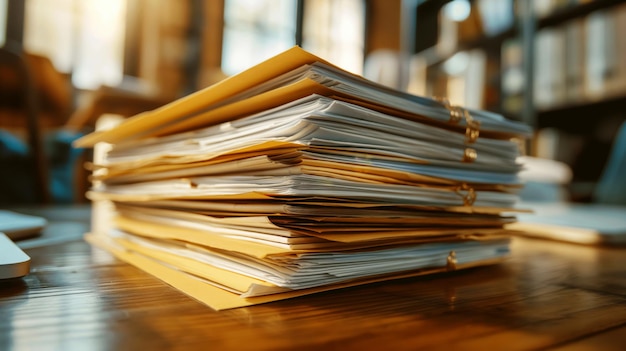 Stack of folders piled with documents on a wooden desk in a library setting