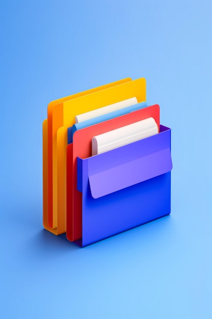 Stack of folders sitting on top of blue surface Generative AI