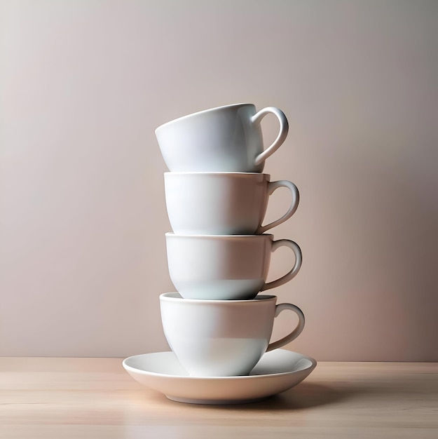 Photo a stack of four pristine white coffee cups on a wooden table evoking a simple elegant and cozy atmosphere