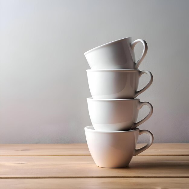 Photo stack of four white coffee cups on a wooden table against a gray backdrop