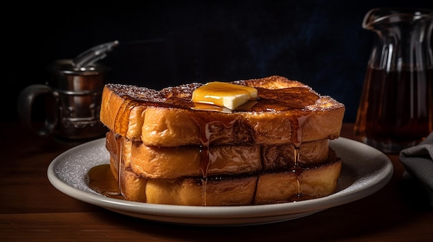 A stack of french toast with butter on top and a cup of coffee on the side.