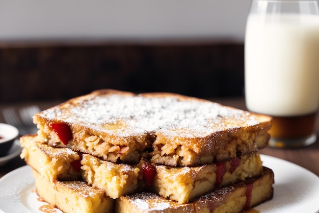 A stack of french toast with a glass of milk in the background