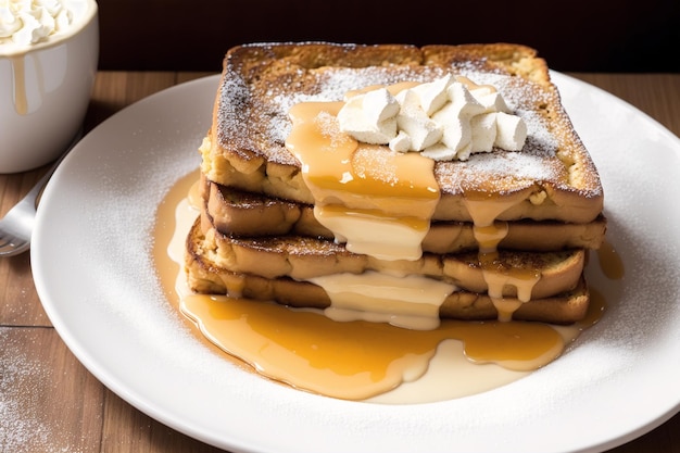 A stack of french toast with whipped cream and syrup on top.