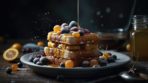 A stack of french toasts with blueberries and maple syrup being poured over them.