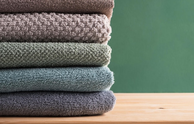 Stack of fresh clean towels pastel colors on wooden shelf