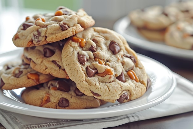 Stack of fresh homemade chocolate chip cookies with melted chips perfect for dessert or a sweet treat