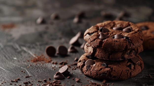 A stack of freshly baked chocolate chip cookies on a dark textured surface surrounded by chocolate chunks and crumbs