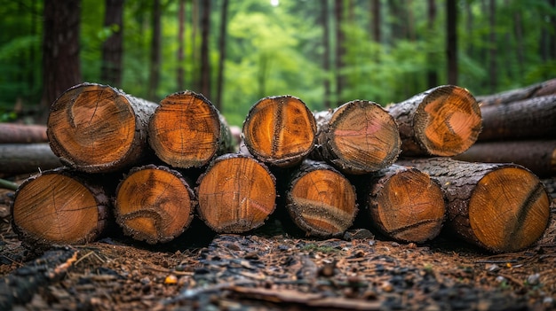 Photo stack of freshly cut tree logs in a forest clearing