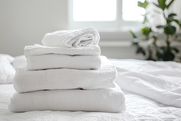 Photo a stack of freshly ironed white linens on a clean white bed