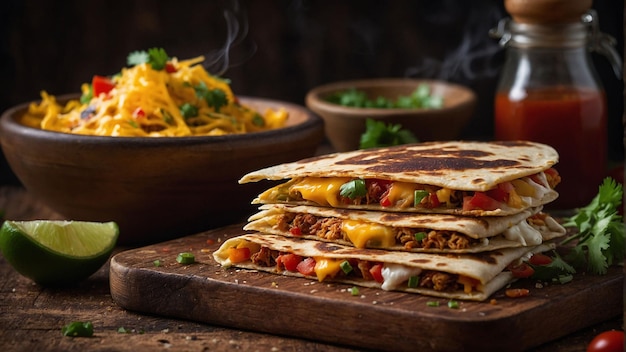 A stack of freshly prepared quesadillas on a rustic wooden cutting board showcasing the intricate