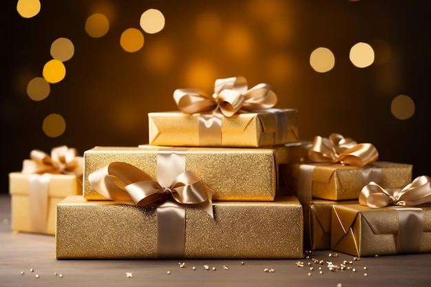 Stack of Gift Boxes Wrapped in Gold Paper Generative Ai