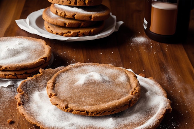 A stack of gingerbread cookies with powdered sugar on top.