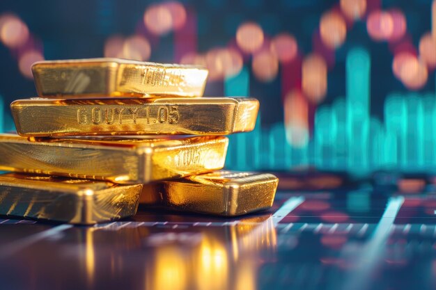 Stack of gold bars set against a vibrant financial graph symbolizing wealth and investment in a dynamic market