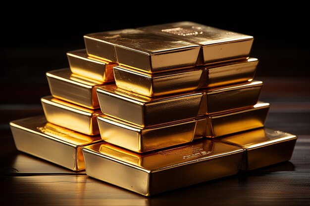 Stack of gold bars on wooden table Black background selective focus