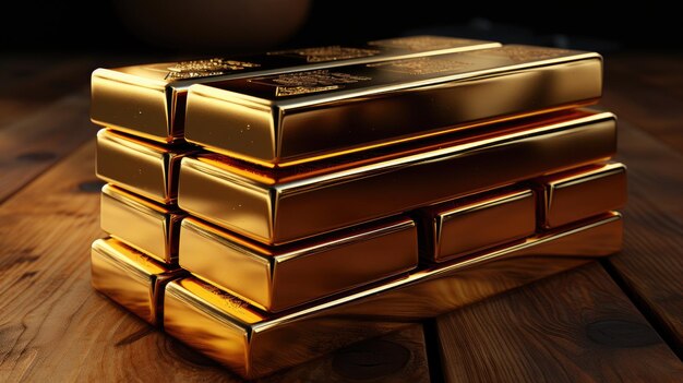 Photo stack of gold bars on wooden table