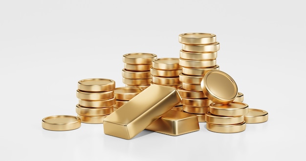 Stack of gold coin bar currency market financial or investment money banking treasure wealth cash and golden dollar pile isolated on white economy background with business earnings profit. 3D render.