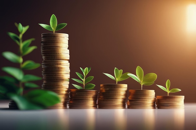 stack of gold coin with plant and coins on table against blurry lights background business and fina