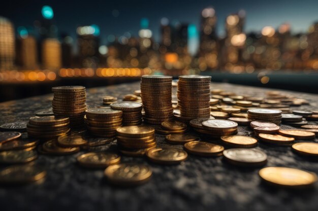 Photo stack of gold coins or bitcoin with blurred city background business and finance concept