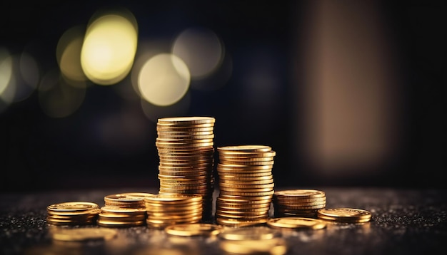 Stack of gold coins on black bokeh background