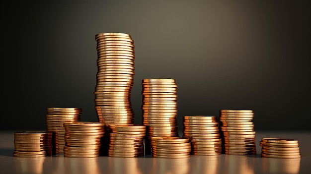 A stack of gold coins sitting on top of a table