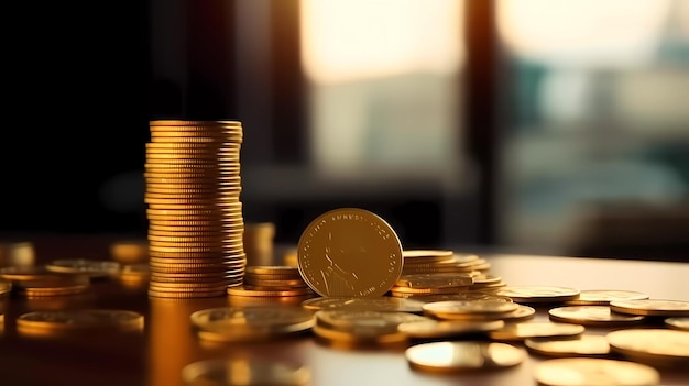 A stack of gold coins on a table with a gold coin on top