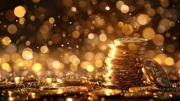 A stack of gold coins with a Bitcoin symbol on top