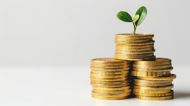 Stack of gold coins with a green plant sprout Concept of financial growth investment and business su