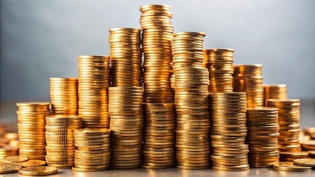 a stack of gold coins with a grey background