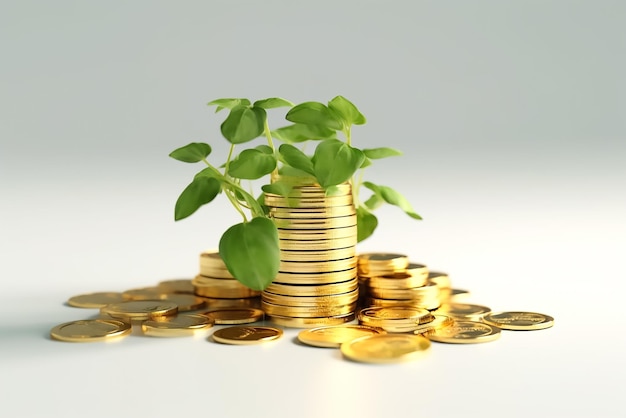 A stack of gold coins with a plant growing out of it