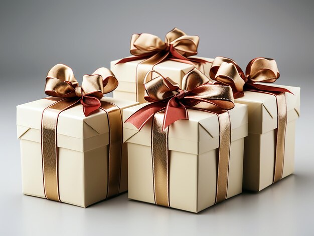 a stack of gold gift boxes with a red ribbon around the top.