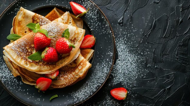 Photo a stack of golden brown crepes topped with fresh strawberries and mint on a black plate