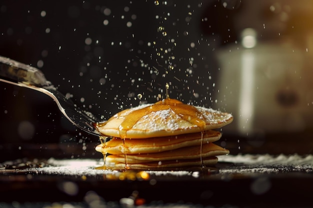 A stack of golden brown pancakes with syrup drizzled over them being flipped with a spatula Spatula flipping pancakes