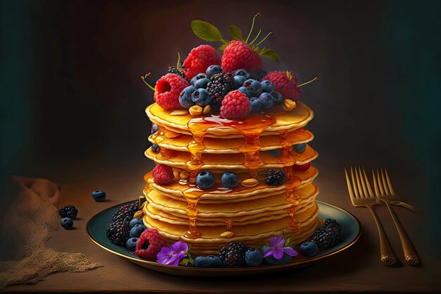 Stack of golden pancakes with fruit for nutritious delicious homemade breakfast