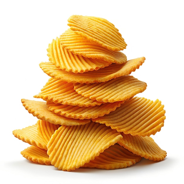 a stack of golden potato chips with a white background