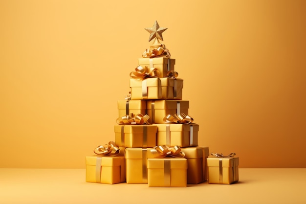 A stack of golden wrapped christmas presents tied with gold ribbon