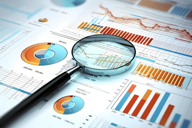 A stack of graphs and a magnifying glass on top of a piece of paper.