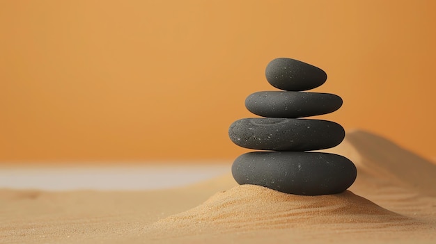 Stack of gray stones on sand with an orange background