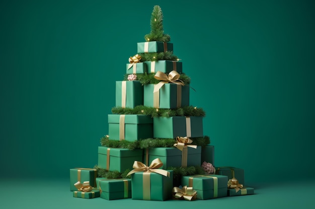 A stack of green and gold christmas presents stacked up high